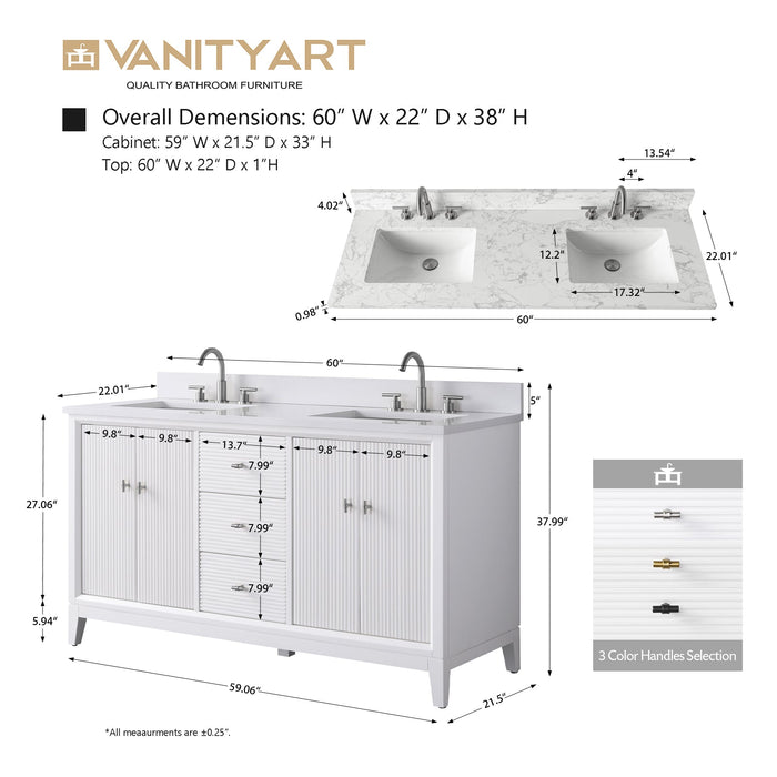 60" Double Sink Freestanding Bath Vanity Cabinet with White Engineered Marble Top - HomeBeyond