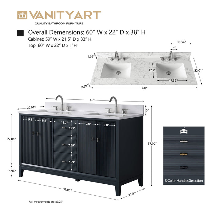 60" Double Sink Freestanding Bath Vanity Cabinet with White Engineered Marble Top - HomeBeyond