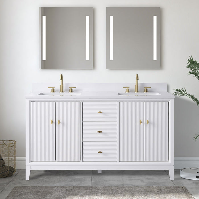 60" Double Sink Freestanding Bath Vanity Cabinet with White Engineered Marble Top - HomeBeyond