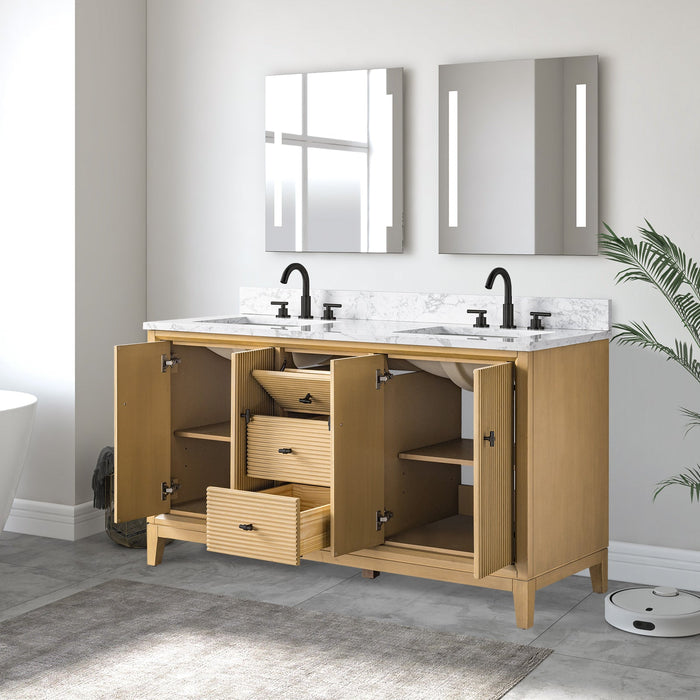 60" Double Sink Freestanding Bath Vanity Cabinet with White Engineered Marble Top - HomeBeyond