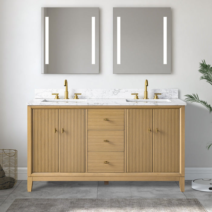 60" Double Sink Freestanding Bath Vanity Cabinet with White Engineered Marble Top - HomeBeyond