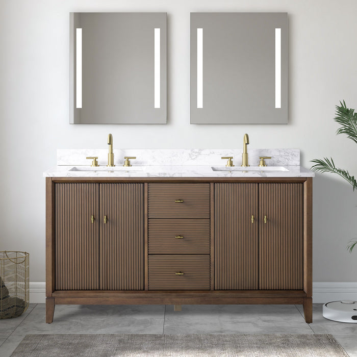 60" Double Sink Freestanding Bath Vanity Cabinet with White Engineered Marble Top - HomeBeyond