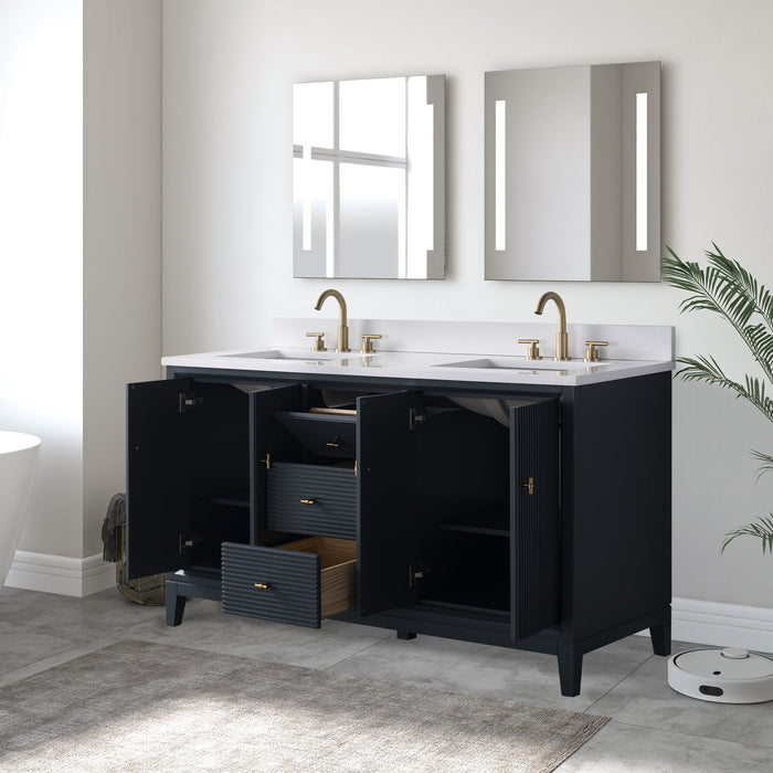 60" Double Sink Freestanding Bath Vanity Cabinet with White Engineered Marble Top - HomeBeyond