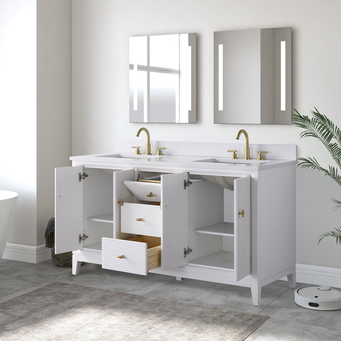 60" Double Sink Freestanding Bath Vanity Cabinet with White Engineered Marble Top - HomeBeyond