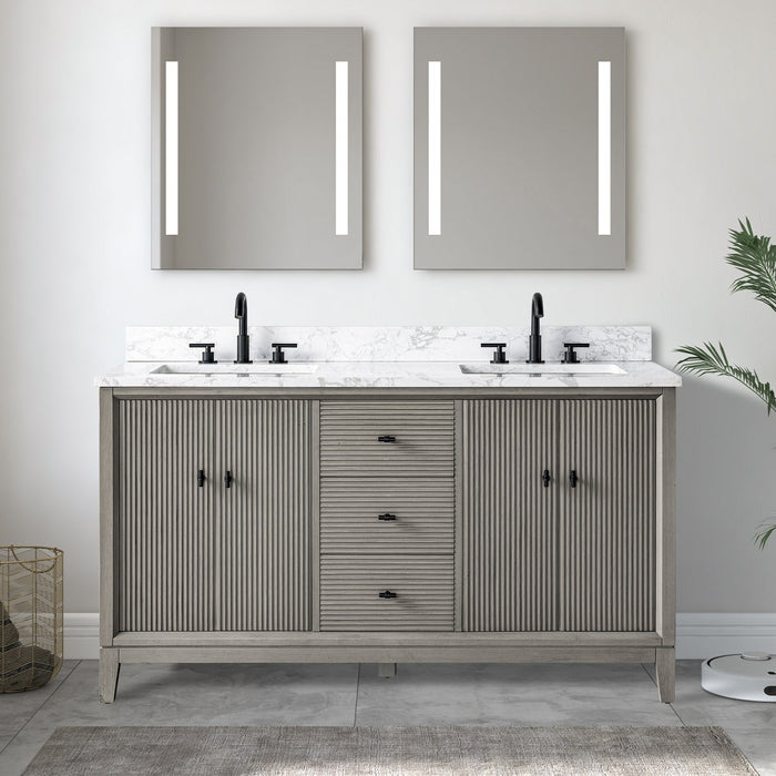 60" Double Sink Freestanding Bath Vanity Cabinet with White Engineered Marble Top - HomeBeyond
