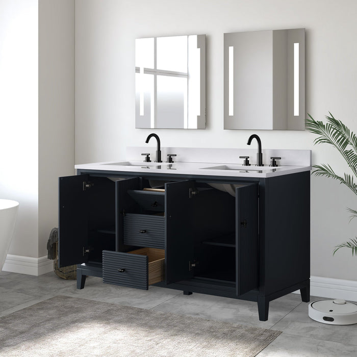 60" Double Sink Freestanding Bath Vanity Cabinet with White Engineered Marble Top - HomeBeyond