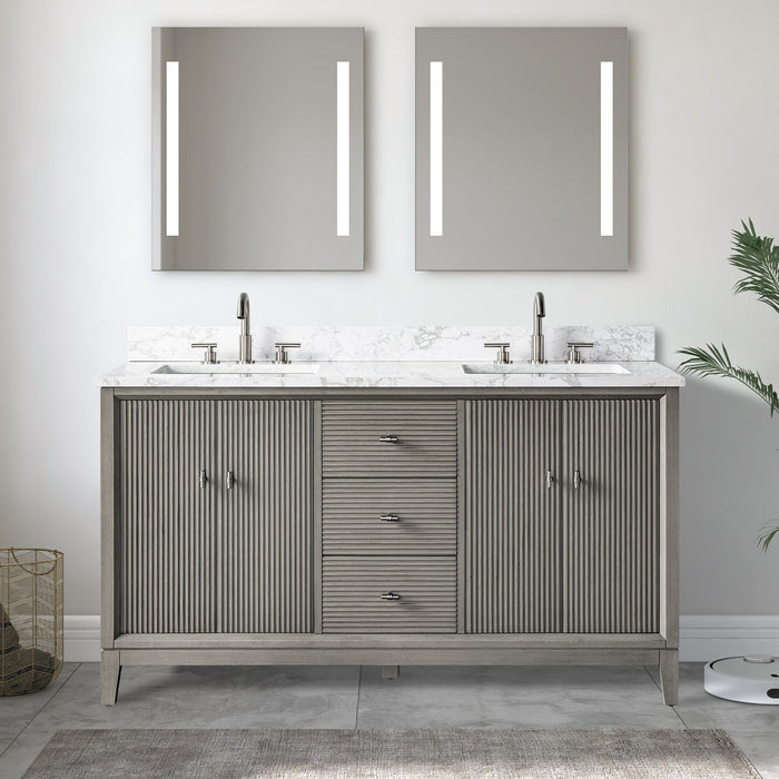 60" Double Sink Freestanding Bath Vanity Cabinet with White Engineered Marble Top - HomeBeyond