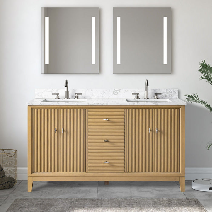 60" Double Sink Freestanding Bath Vanity Cabinet with White Engineered Marble Top - HomeBeyond