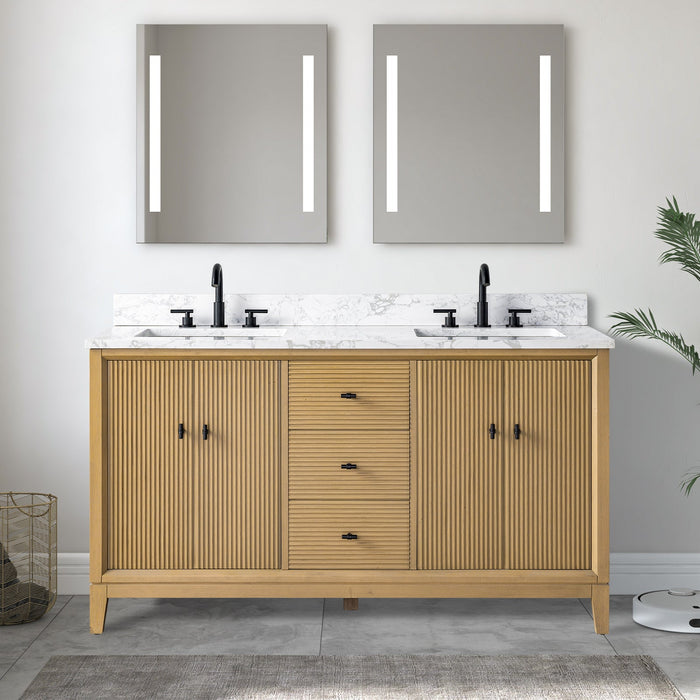 60" Double Sink Freestanding Bath Vanity Cabinet with White Engineered Marble Top - HomeBeyond