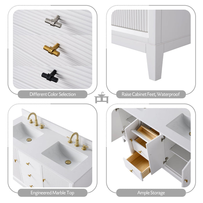60" Double Sink Freestanding Bath Vanity Cabinet with White Engineered Marble Top - HomeBeyond