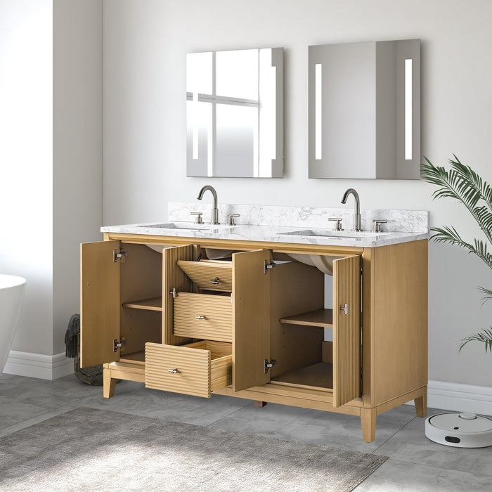 60" Double Sink Freestanding Bath Vanity Cabinet with White Engineered Marble Top - HomeBeyond