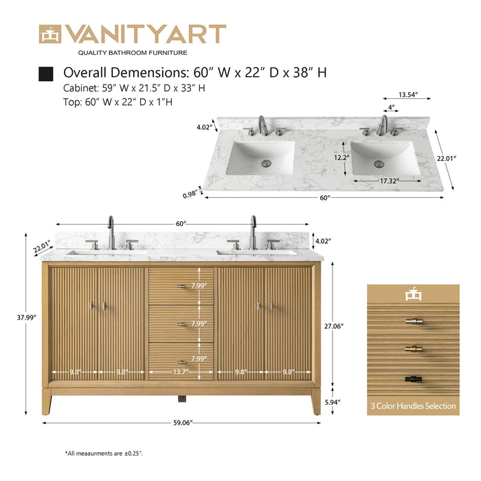 60" Double Sink Freestanding Bath Vanity Cabinet with White Engineered Marble Top - HomeBeyond