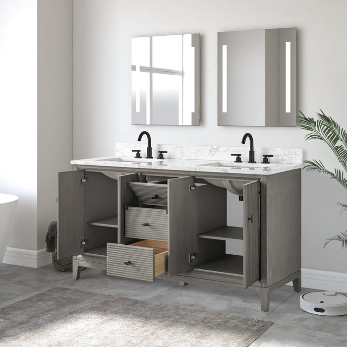 60" Double Sink Freestanding Bath Vanity Cabinet with White Engineered Marble Top - HomeBeyond