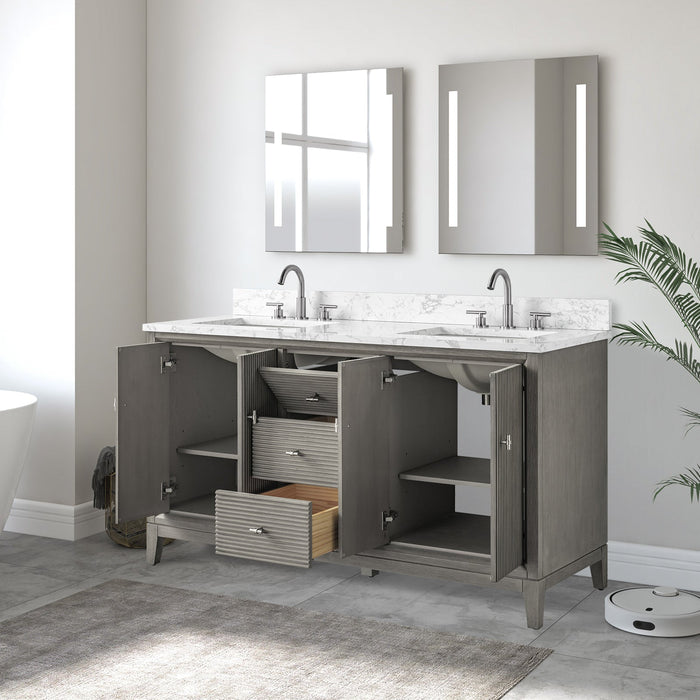 60" Double Sink Freestanding Bath Vanity Cabinet with White Engineered Marble Top - HomeBeyond