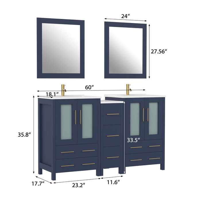 60" Double Sink Modern Bathroom Vanity Set with Ceramic Top & Two Free Mirrors – Large Storage Cabinet with 7 Drawers VA3024-60 - HomeBeyond