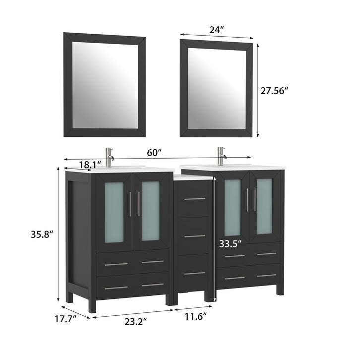 60" Double Sink Modern Bathroom Vanity Set with Ceramic Top & Two Free Mirrors – Large Storage Cabinet with 7 Drawers VA3024-60 - HomeBeyond