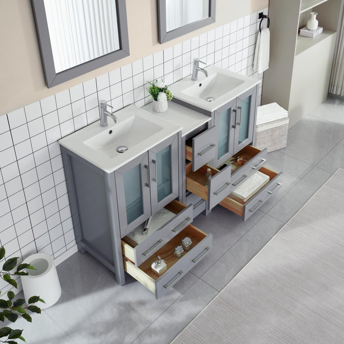60" Double Sink Modern Bathroom Vanity Set with Ceramic Top & Two Free Mirrors – Large Storage Cabinet with 7 Drawers VA3024-60 - HomeBeyond