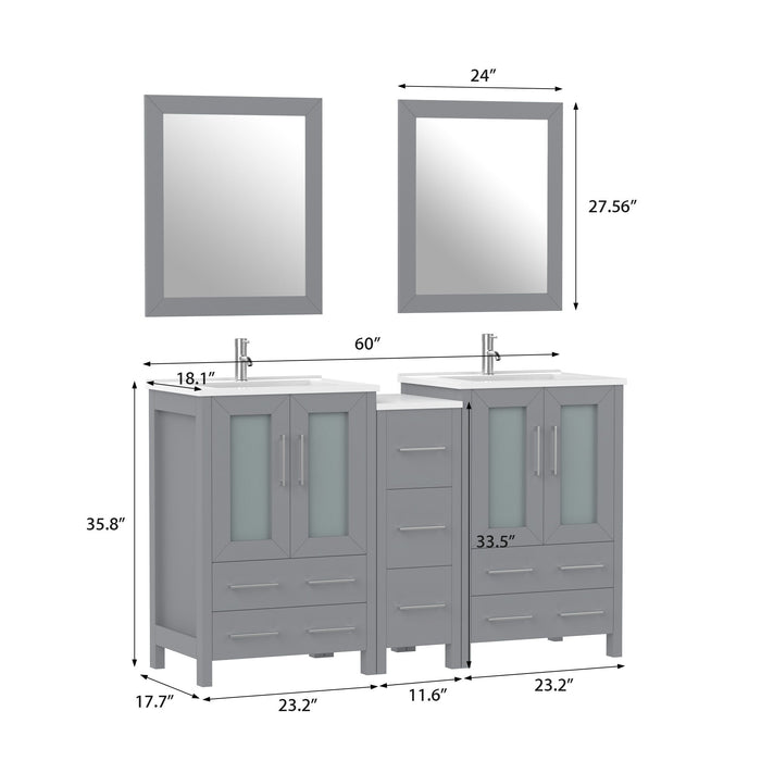 60" Double Sink Modern Bathroom Vanity Set with Ceramic Top & Two Free Mirrors – Large Storage Cabinet with 7 Drawers VA3024-60 - HomeBeyond