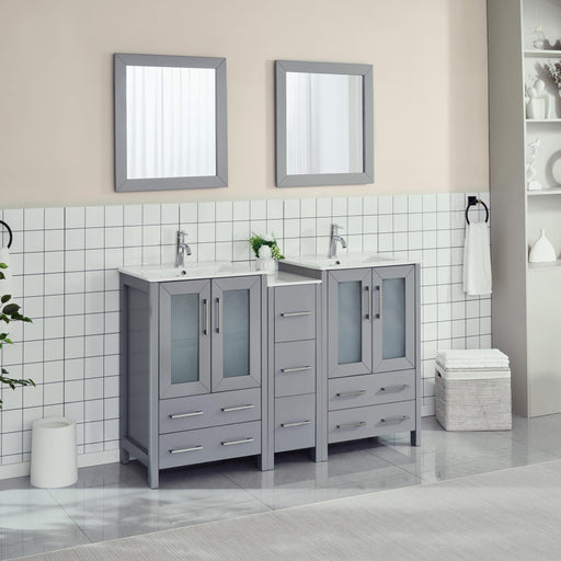 60" Double Sink Modern Bathroom Vanity Set with Ceramic Top & Two Free Mirrors – Large Storage Cabinet with 7 Drawers VA3024-60 - HomeBeyond