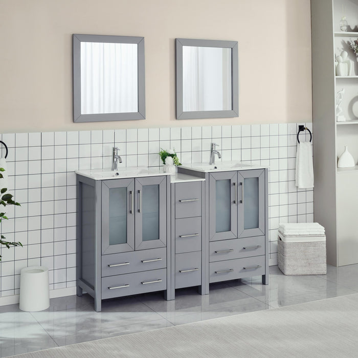 60" Double Sink Modern Bathroom Vanity Set with Ceramic Top & Two Free Mirrors – Large Storage Cabinet with 7 Drawers VA3024-60 - HomeBeyond