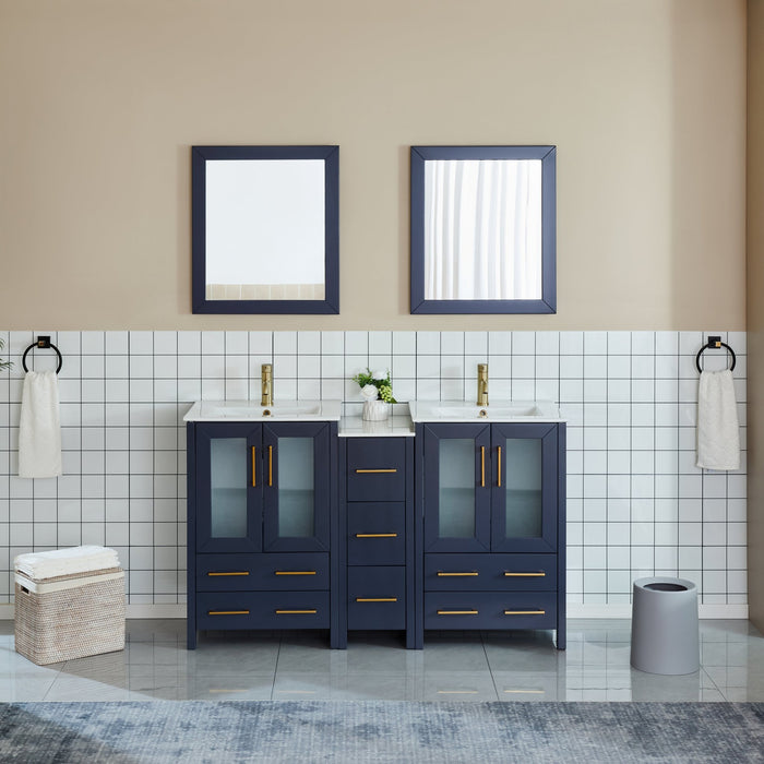 60" Double Sink Modern Bathroom Vanity Set with Ceramic Top & Two Free Mirrors – Large Storage Cabinet with 7 Drawers VA3024-60 - HomeBeyond
