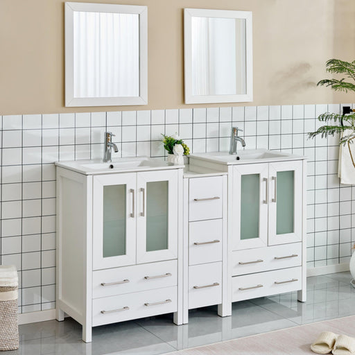 60" Double Sink Modern Bathroom Vanity Set with Ceramic Top & Two Free Mirrors – Large Storage Cabinet with 7 Drawers VA3024-60 - HomeBeyond