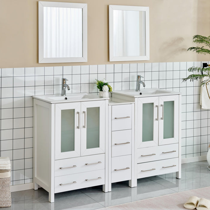 60" Double Sink Modern Bathroom Vanity Set with Ceramic Top & Two Free Mirrors – Large Storage Cabinet with 7 Drawers VA3024-60 - HomeBeyond