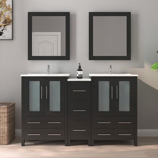 60" Double Sink Modern Bathroom Vanity Set with Ceramic Top & Two Free Mirrors – Large Storage Cabinet with 7 Drawers VA3024-60 - HomeBeyond