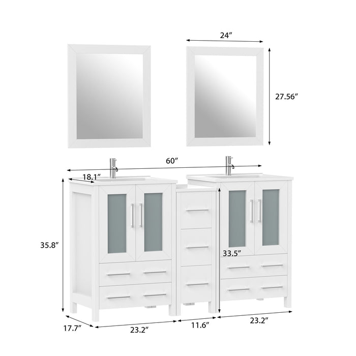 60" Double Sink Modern Bathroom Vanity Set with Ceramic Top & Two Free Mirrors – Large Storage Cabinet with 7 Drawers VA3024-60 - HomeBeyond