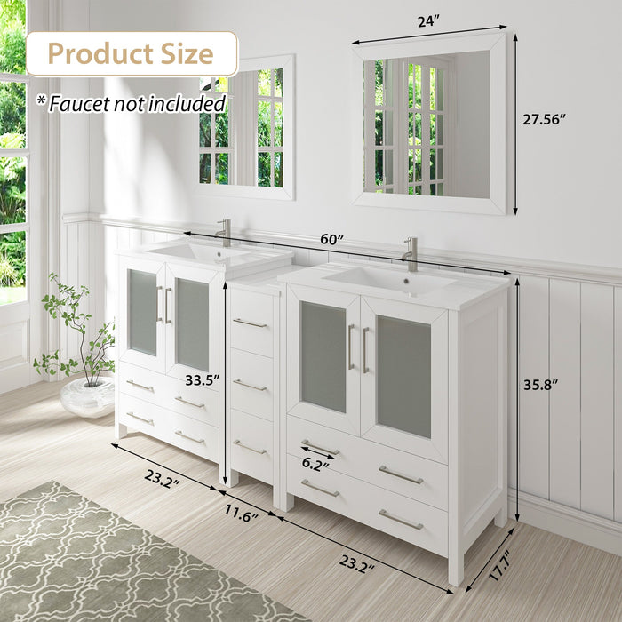 60" Double Sink Modern Bathroom Vanity Set with Ceramic Top & Two Free Mirrors – Large Storage Cabinet with 7 Drawers VA3024-60 - HomeBeyond