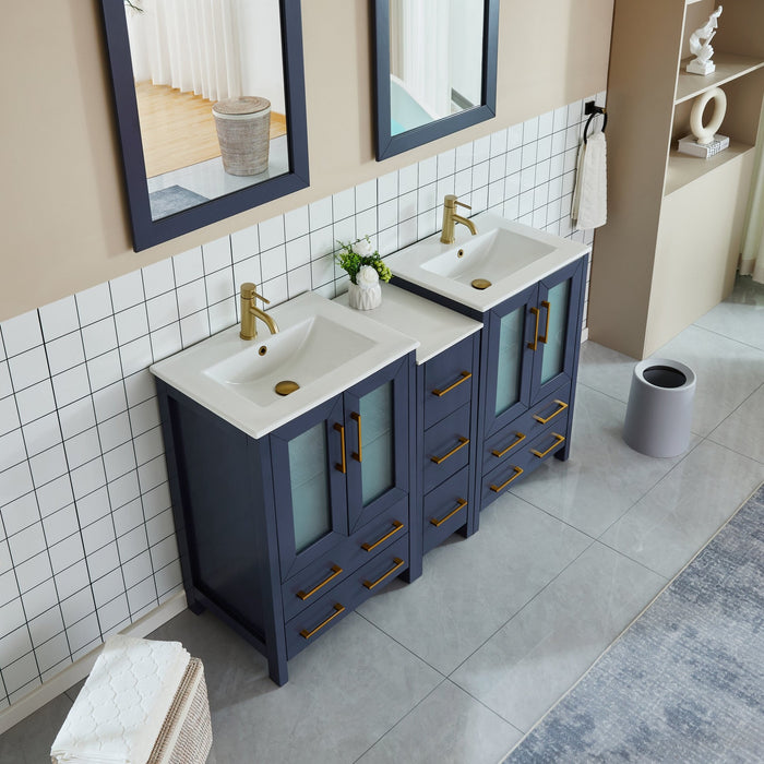 60" Double Sink Modern Bathroom Vanity Set with Ceramic Top & Two Free Mirrors – Large Storage Cabinet with 7 Drawers VA3024-60 - HomeBeyond