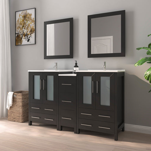 60" Double Sink Modern Bathroom Vanity Set with Ceramic Top & Two Free Mirrors – Large Storage Cabinet with 7 Drawers VA3024-60 - HomeBeyond
