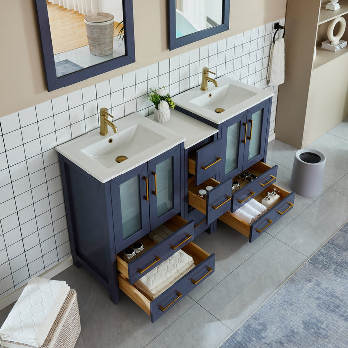 60" Double Sink Modern Bathroom Vanity Set with Ceramic Top & Two Free Mirrors – Large Storage Cabinet with 7 Drawers VA3024-60 - HomeBeyond