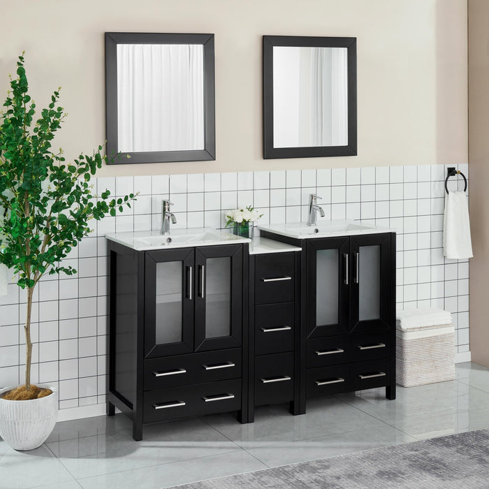 60" Double Sink Modern Bathroom Vanity Set with Ceramic Top & Two Free Mirrors – Large Storage Cabinet with 7 Drawers VA3024-60 - HomeBeyond