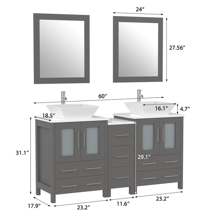 60" Double Sink Modern Bathroom Vanity Set with White Engineered Marble Top & Free Mirrors – Large Storage Cabinet with 7 Drawers VA3124-60 - HomeBeyond