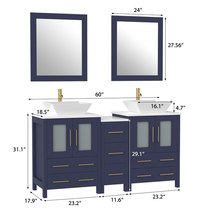 60" Double Sink Modern Bathroom Vanity Set with White Engineered Marble Top & Free Mirrors – Large Storage Cabinet with 7 Drawers VA3124-60 - HomeBeyond