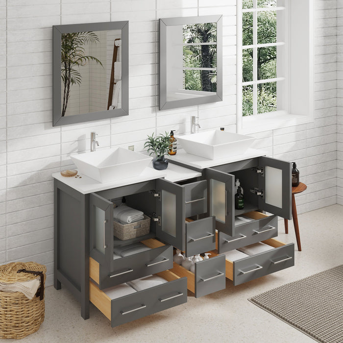 60" Double Sink Modern Bathroom Vanity Set with White Engineered Marble Top & Free Mirrors – Large Storage Cabinet with 7 Drawers VA3124-60 - HomeBeyond