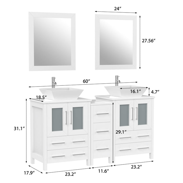 60" Double Sink Modern Bathroom Vanity Set with White Engineered Marble Top & Free Mirrors – Large Storage Cabinet with 7 Drawers VA3124-60 - HomeBeyond