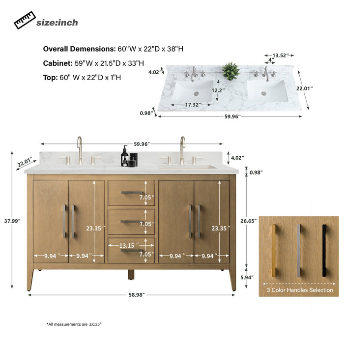 60" Double Sink Modern Freestanding Bathroom Vanity Set with Arabescato White Engineered Marble Top – Storage Cabinet with Soft-Closing Doors & Drawers VA9060D - HomeBeyond