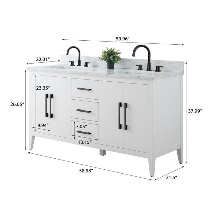 60" Double Sink Modern Freestanding Bathroom Vanity Set with Arabescato White Engineered Marble Top – Storage Cabinet with Soft-Closing Doors & Drawers VA9060D - HomeBeyond