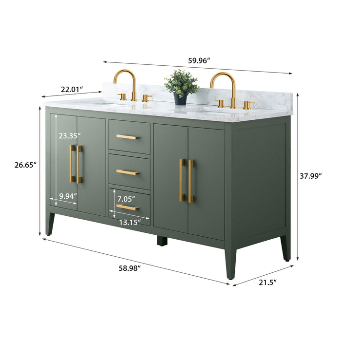 60" Double Sink Modern Freestanding Bathroom Vanity Set with Arabescato White Engineered Marble Top – Storage Cabinet with Soft-Closing Doors & Drawers VA9060D - HomeBeyond