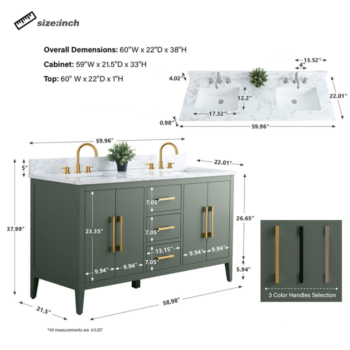 60" Double Sink Modern Freestanding Bathroom Vanity Set with Arabescato White Engineered Marble Top – Storage Cabinet with Soft-Closing Doors & Drawers VA9060D - HomeBeyond