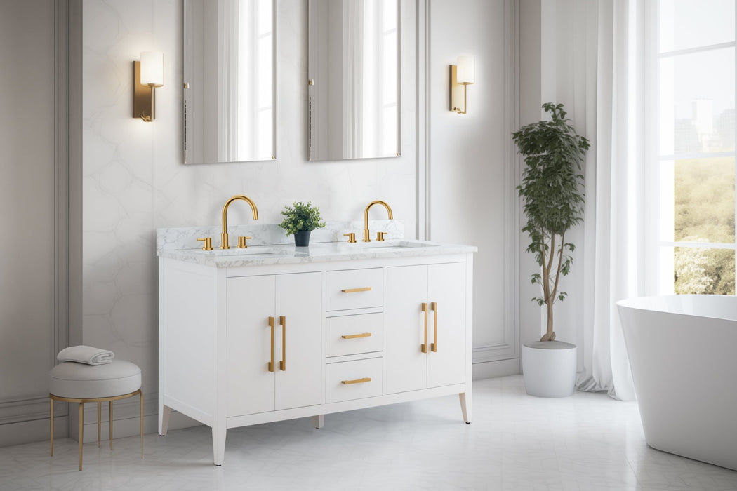 60" Double Sink Modern Freestanding Bathroom Vanity Set with Arabescato White Engineered Marble Top – Storage Cabinet with Soft-Closing Doors & Drawers VA9060D - HomeBeyond