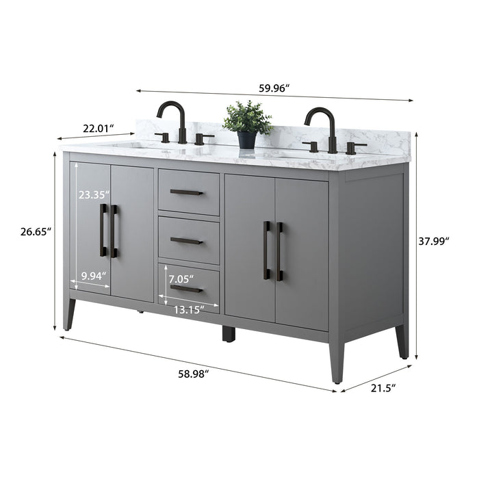 60" Double Sink Modern Freestanding Bathroom Vanity Set with Arabescato White Engineered Marble Top – Storage Cabinet with Soft-Closing Doors & Drawers VA9060D - HomeBeyond