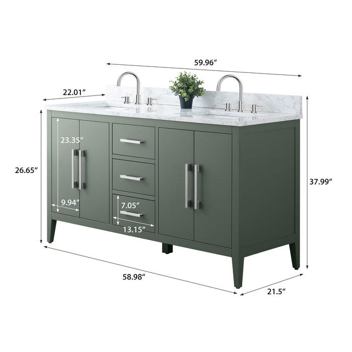 60" Double Sink Modern Freestanding Bathroom Vanity Set with Arabescato White Engineered Marble Top – Storage Cabinet with Soft-Closing Doors & Drawers VA9060D - HomeBeyond