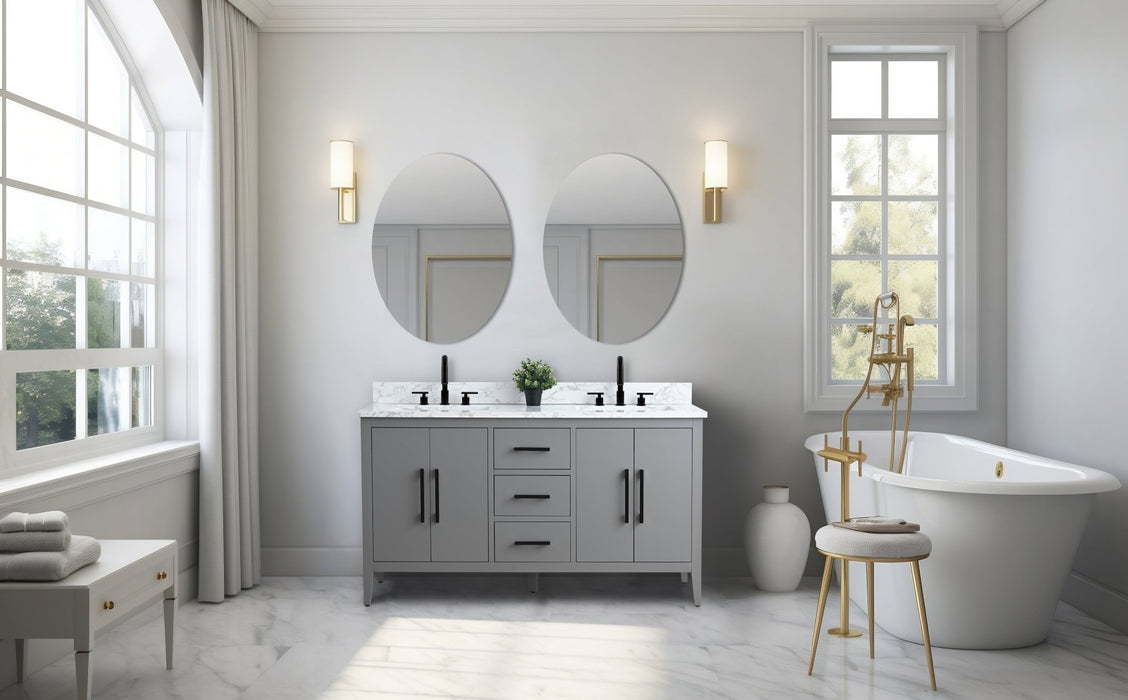 60" Double Sink Modern Freestanding Bathroom Vanity Set with Arabescato White Engineered Marble Top – Storage Cabinet with Soft-Closing Doors & Drawers VA9060D - HomeBeyond
