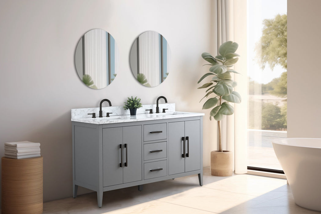 60" Double Sink Modern Freestanding Bathroom Vanity Set with Arabescato White Engineered Marble Top – Storage Cabinet with Soft-Closing Doors & Drawers VA9060D - HomeBeyond