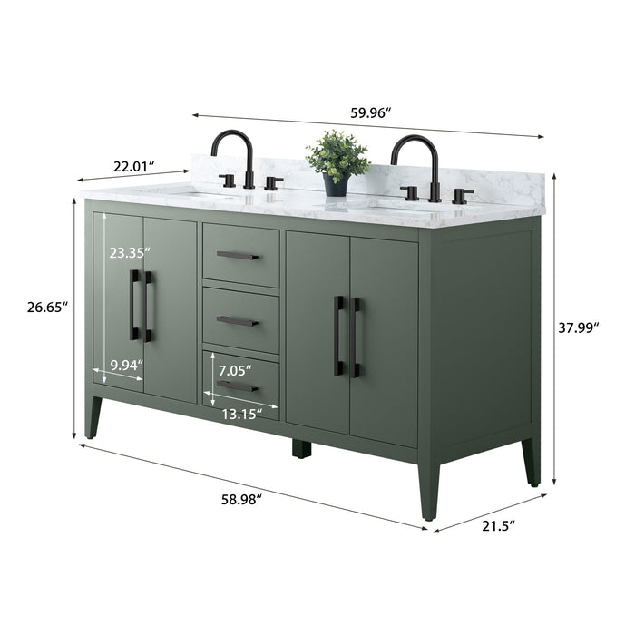 60" Double Sink Modern Freestanding Bathroom Vanity Set with Arabescato White Engineered Marble Top – Storage Cabinet with Soft-Closing Doors & Drawers VA9060D - HomeBeyond