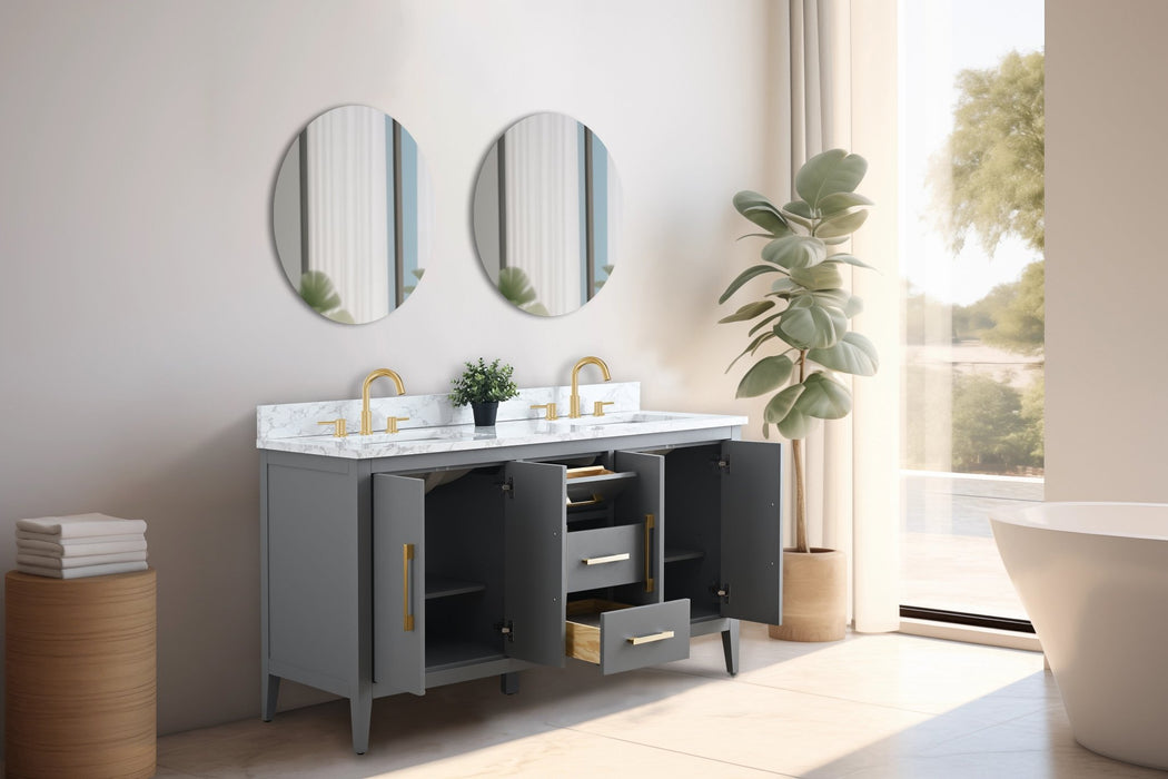 60" Double Sink Modern Freestanding Bathroom Vanity Set with Arabescato White Engineered Marble Top – Storage Cabinet with Soft-Closing Doors & Drawers VA9060D - HomeBeyond