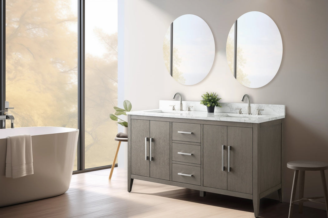 60" Double Sink Modern Freestanding Bathroom Vanity Set with Arabescato White Engineered Marble Top – Storage Cabinet with Soft-Closing Doors & Drawers VA9060D - HomeBeyond